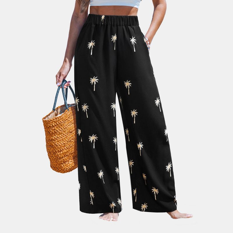 Women's Palm Tree Print Pants - Cupshe-XL-Black