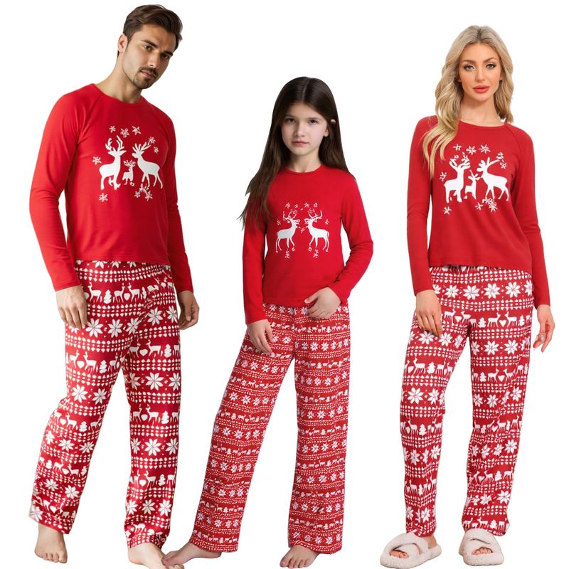 cheibear Christmas Deer Loungewear Long Sleeves Tee and Deer Pants Family Pajama Sets Large Women's