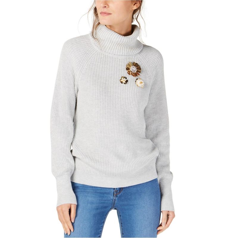 I.N.C International Concepts Womens Brooch Pullover Sweater, gray, Large
