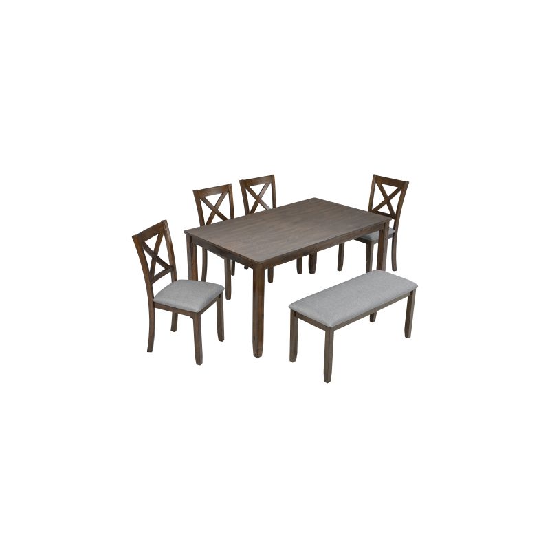 ACEPANO 6-Piece Kitchen Dining Set with Rectangular Wooden Dining Table, 4 Upholstered Chairs & 1 Bench-Walnut