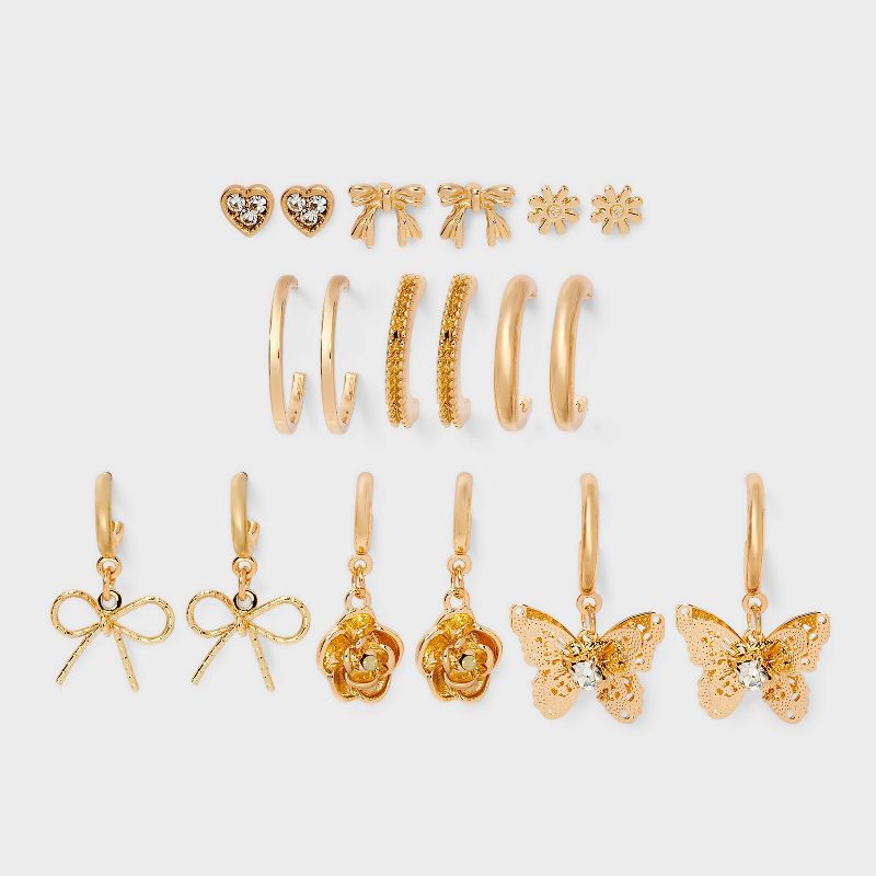 Bow Rose and Butterfly Mixed Hoop Earring Set 9pc - Wild Fable™ Gold
