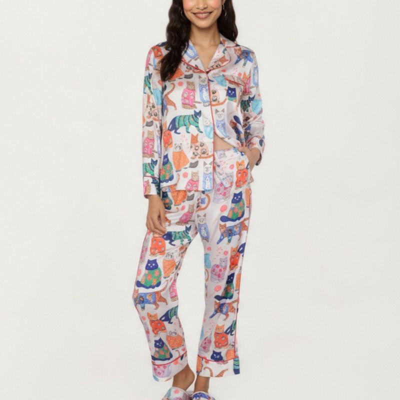 Anna-Kaci Lounge Women's 2-Piece Set Long Sleeve Button Front Pajama Set with Cat Print and Soft Silky Fabric - Small, Light Beige