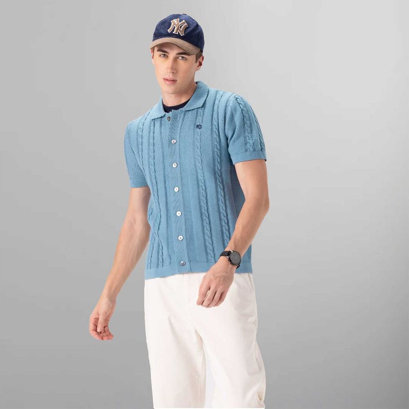 Members Only Men's Cable Knit Vintage Short Sleeve Polo Cardigan Sweater - Slate - Medium