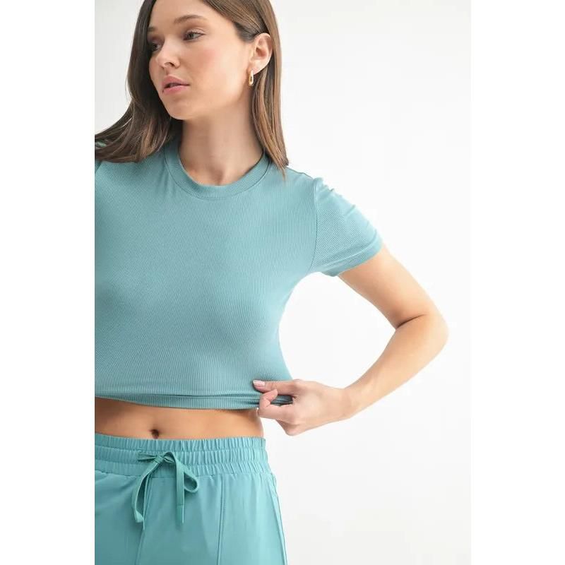 Sol Living Essential Micro-ribbed Cropped Athleisure Tee Medium Grey Teal