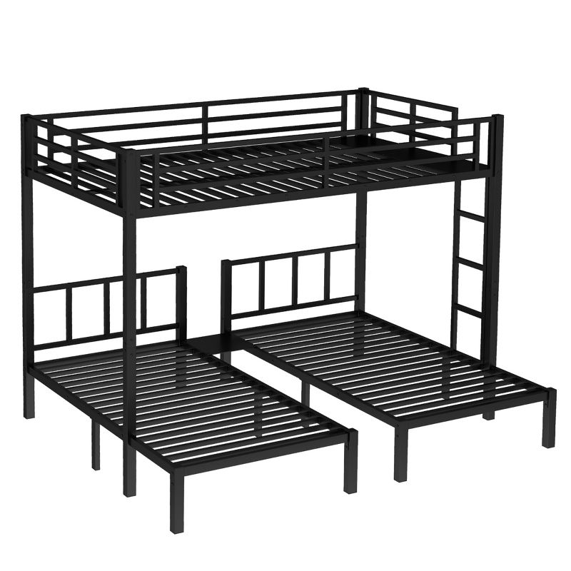 TopComfy Beds Twin over Twin Queen Bunk Bed Metal Triple Bunk Bed with Safety Guardrails Bedroom Furniture for Bedroom, Black, 77.8"*67.1"*145.29"