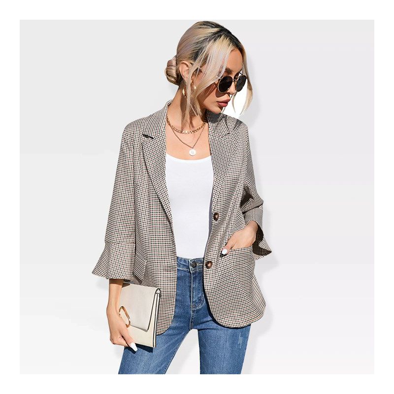 Womens 3/4 Sleeve Casual Blazer Lightweight Jacket with Ruffle Sleeve Open Front Plaid Blazer Notched Lapel Womens Blazer Cardigan,Brwon Plaid - L