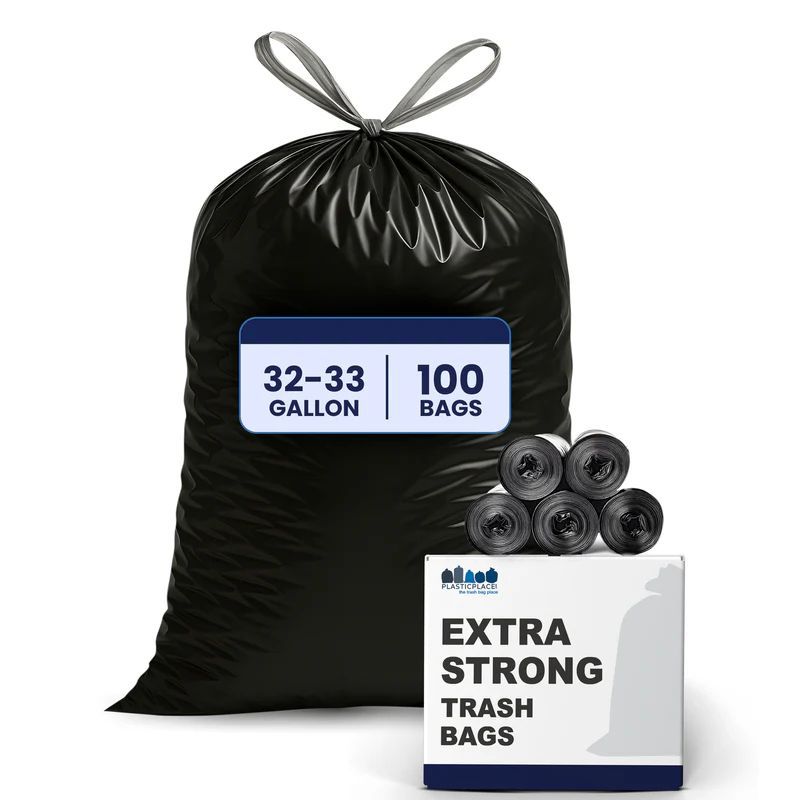 Plasticplace 32-33 Gallon Drawstring Trash Bags, Black (100 Count)