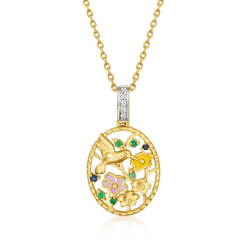 Ross-Simons Emerald and Sapphire Hummingbird Floral Pendant Necklace With Multicolored Enamel and Diamonds in 18kt Gold Over Sterling Size 18