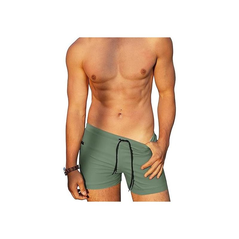 Coofandy Men's Swimwear Swimsuits Solid Basic Swim Boxer Trunks Board Shorts with Zipper Pockets Army Green S