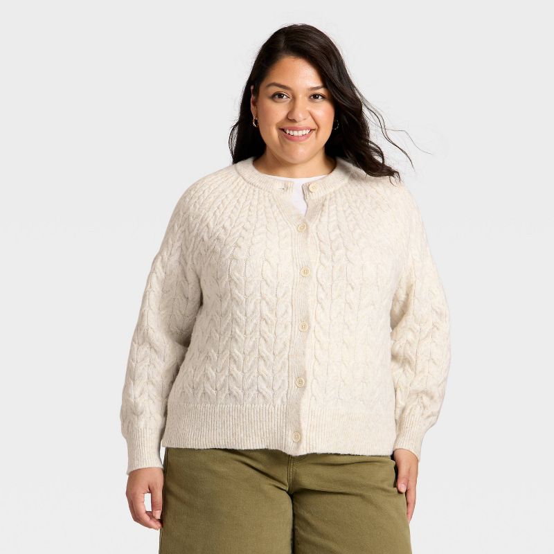 Women's Button-Front Cable Knit Cardigan Sweater - Ava & Viv™ Oatmeal 4X