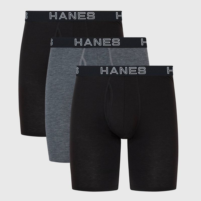 Hanes Premium Men's 3pk Long Leg Boxer Briefs Total Support Pouch - Black/Gray XL: Recycled Polyester, Lyocell, Spandex, Tagless, Moisture Wicking