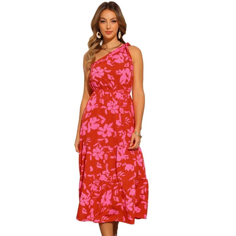 INSPIRE CHIC Women's Floral Midi One Shoulder Sleeveless Boho Sundress Hot Pink Large