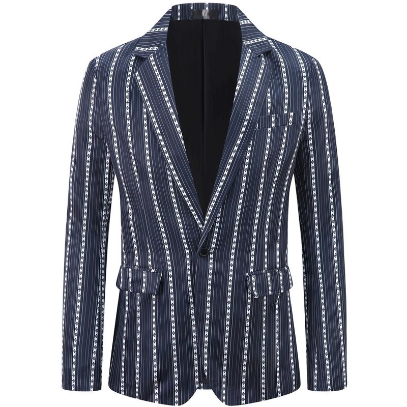 INSPIRE CHIC Men's Single Breasted Contrast Color Striped Blazer Navy Blue Large