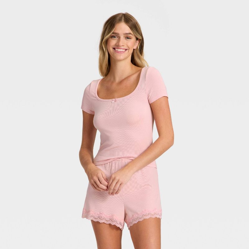 Women's Ribbed Short Sleeve Shirt and Shorts Pajama Set - Auden™ Pink XS