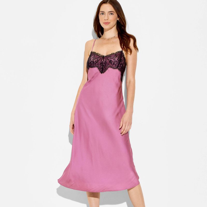 Women's Sleeveless Lace Trim Satin Midi A-Line Dress - Wild Fable™ Mauve XS