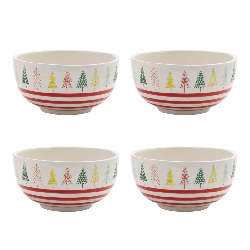 HomeRoots Set of Four 6" White Green And Red Ceramic Christmas Trees Round Candy or Nut Bowls