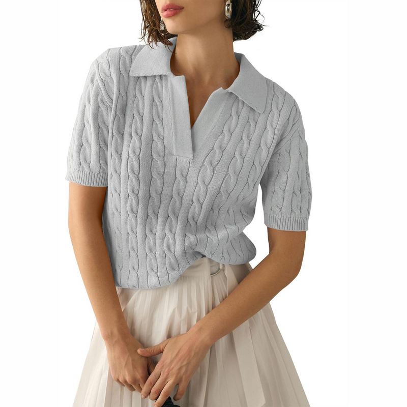 Women's Short Sleeve Sweaters Tops Polo V Neck Cable Knit Casual Soft Pullover Shirts 2026 Summer Outfits