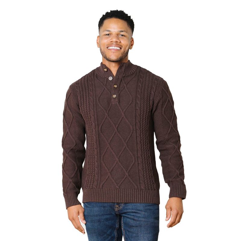 Hope & Henry Men's Organic Mock Neck Cable Sweater, Chocolate Heather, Small