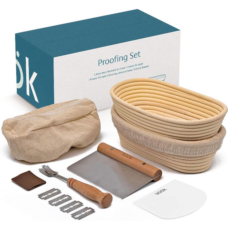 Kook Artisan Sourdough Bread Proofing Set 9.8 Inch Oval Rattan Baskets with Liners, Scrapers, Scoring Lame & Extra Blades, Set of 2