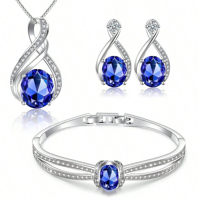18K White Gold Plated Crystal Jewelry Set: Necklace, Bracelet, Earrings for Wife, Girlfriend, Mother‘s Day Gift Blue Standard