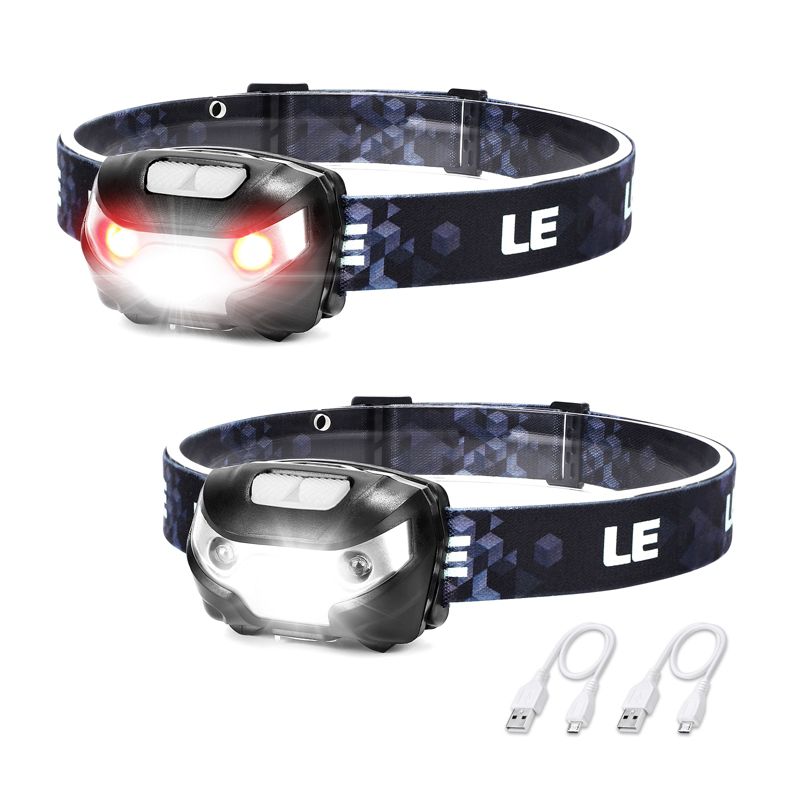 Lepro LED Headlamp Rechargeable 2 Pack, Bright Head Lamp with 5 Modes, Waterproof Headlight Flashlight with Red Light for Camping, Hiking, USB Cable