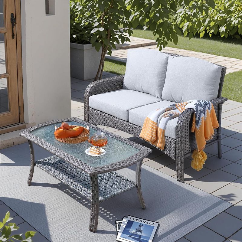 HOMLUX 2 PCS Wicker Outdoor Patio Conversation Set All Weather Porch Deck Balcony Backyard Furniture, Gray