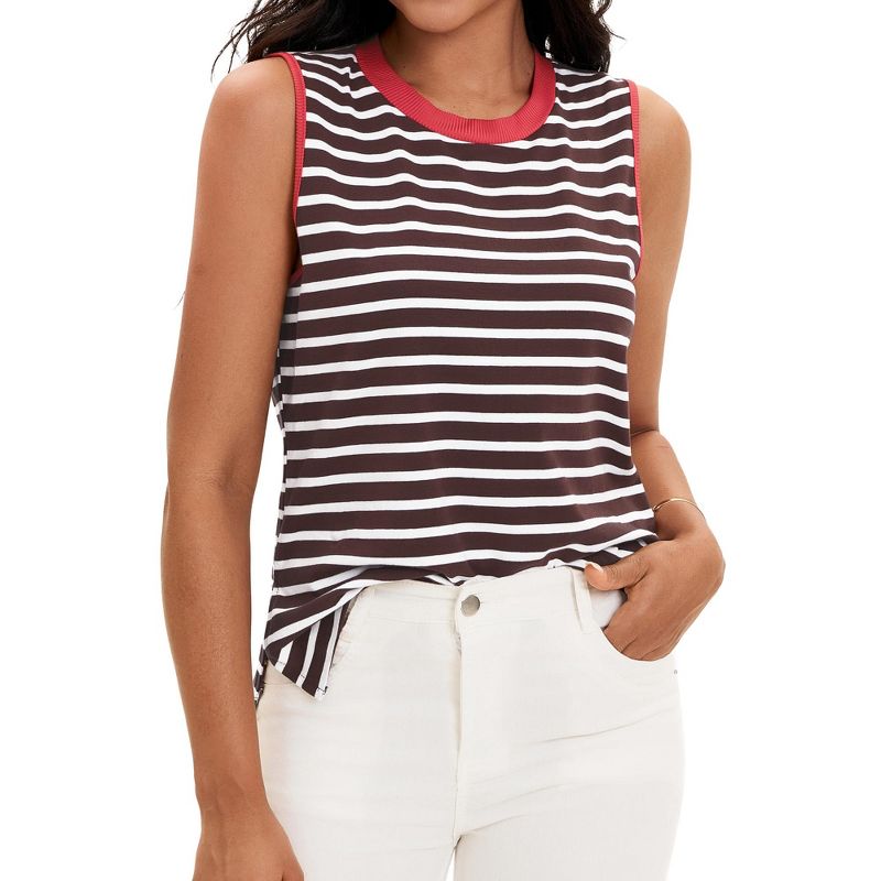 ATHLECHIC Women's Striped Color Block Side Slits Crew Neck Casual Sleeveless Shirts Brown Red Large