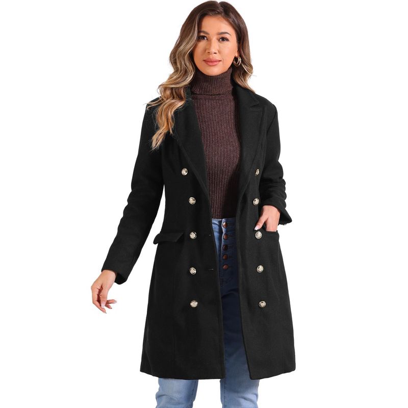 Allegra K Women's Notched Lapel Double Breasted Mid-Long Pea Coat Black Small