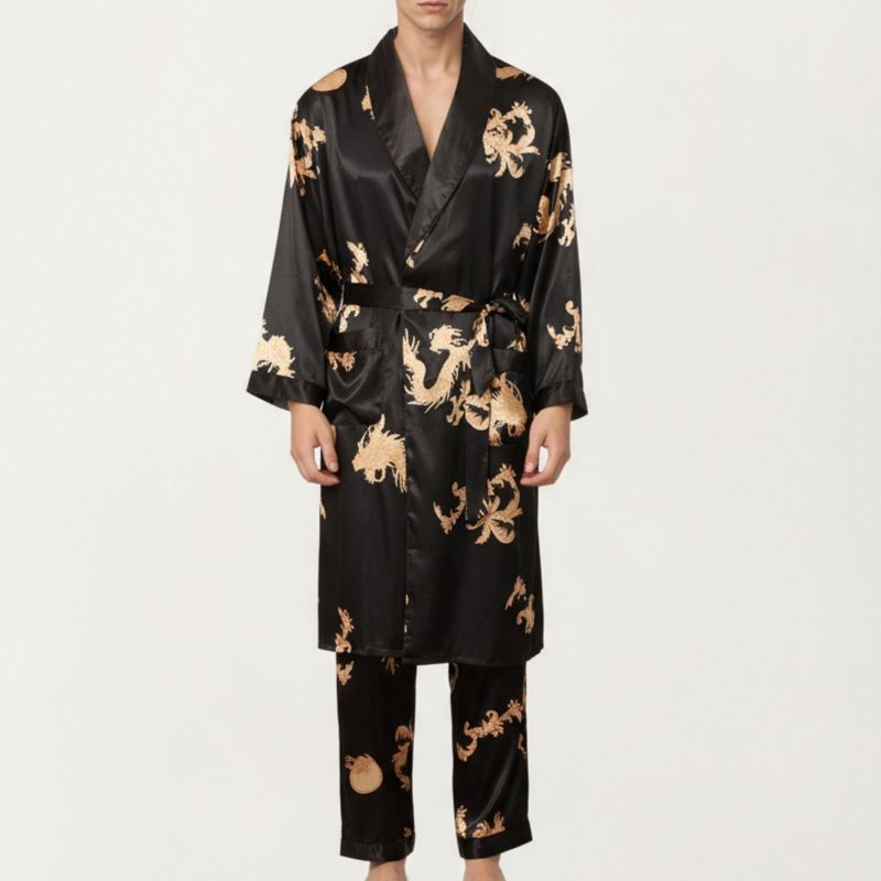 Anna-Kaci Men's 2-Piece Set Satin Dragon Print Robe and Lounge Pants with Shawl Collar and Waist Tie - Small, Black