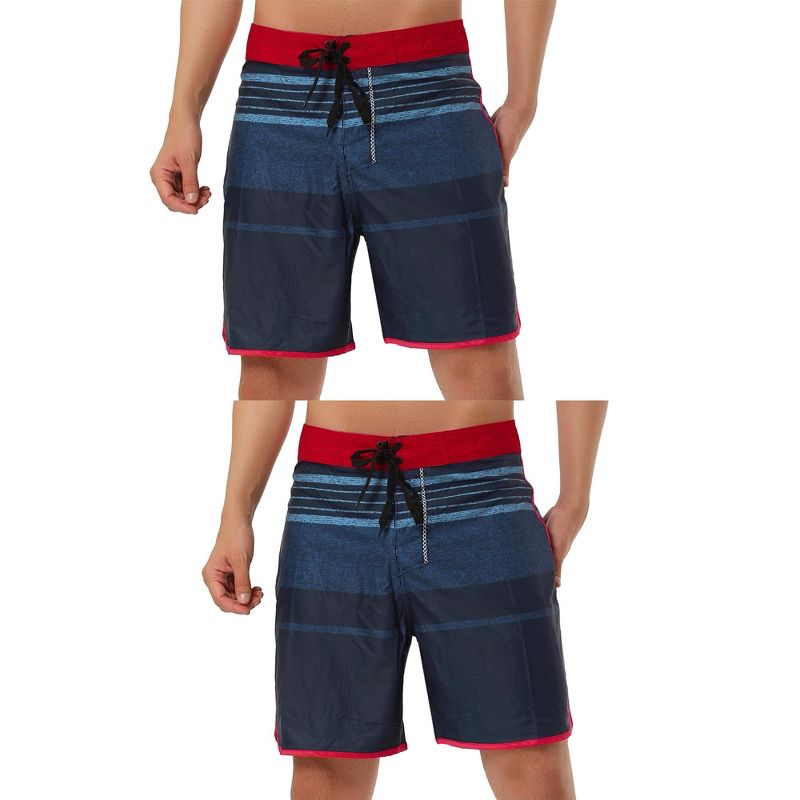 Lars Amadeus Men's Summer Printed Drawstring Waistband Color Block Beach Shorts 2 Pcs Red Navy 36