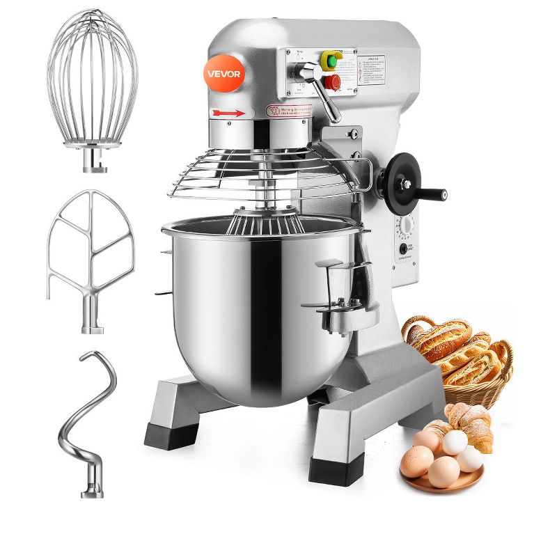 VEVOR Commercial Food Mixer 10Qt 450W 3 Speeds Adjustable 110/178/390 RPM Heavy Duty 110V with Stainless Steel Bowl Dough Hooks Whisk,Silver