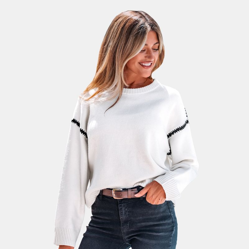 Women's Chic White Knit Sweater with Zigzag Stripes - Cupshe-M-White