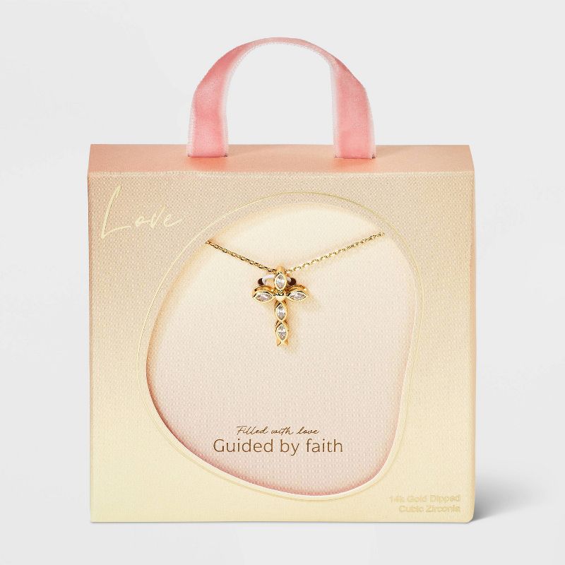 14K Gold Dipped Cubic Zirconia Cross Pendant Necklace - Gold