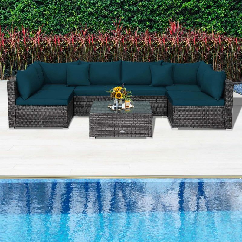 Costway 7PCS Patio Rattan Furniture Set Sectional Sofa Cushioned Garden Peacock Blue