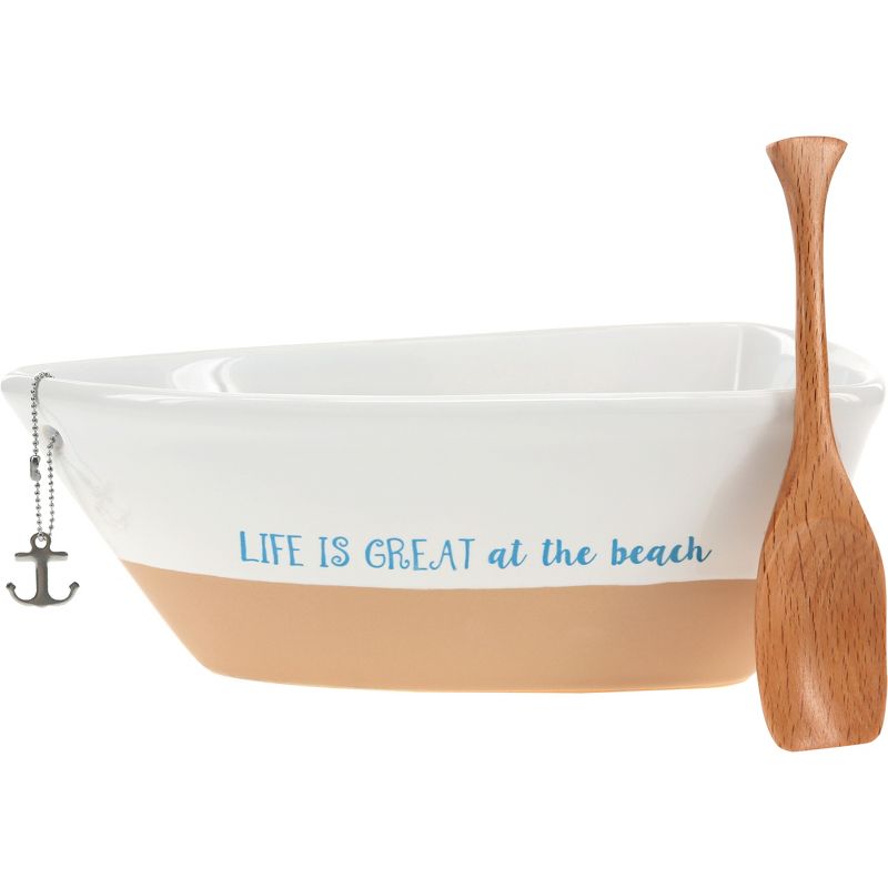 Pavilion Gift Company - Life Is Great At The Beach - 12 Oz Stoneware Boat Dish Server With Wooden Oar Scoop