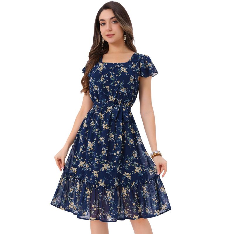Allegra K Women's Floral Chiffon Flutter Sleeve Belted Square Neck Ruffled Hem Dress Medium Blue