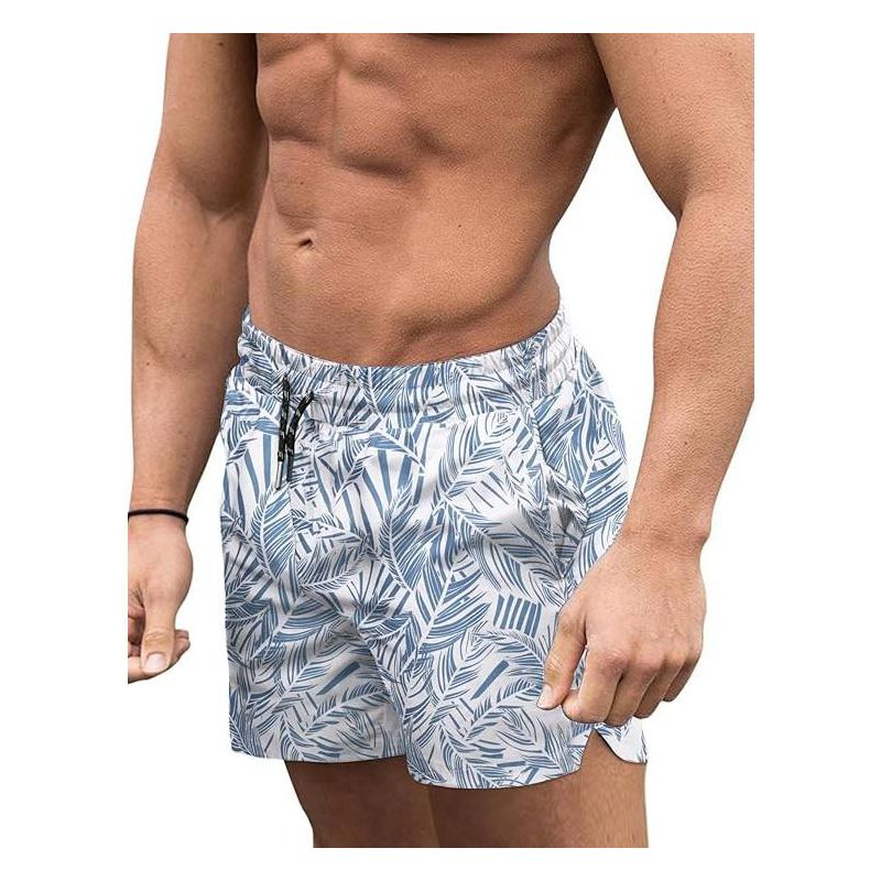 COOFANDY Men's Swim Trunks Quick Dry Board Shorts Swimsuit Swimwear Bathing Suit Deep Blue Plam Leaf S