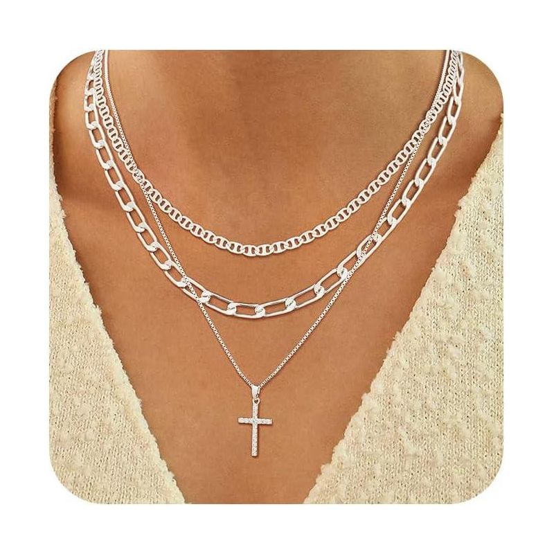 Summit Adventure 14K Silver Plated Layered Necklace Set, Stackable Cross Pendant Jewelry Gift