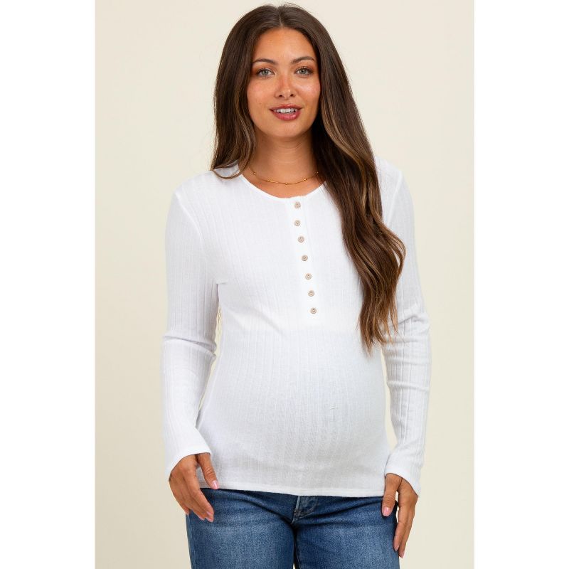 Pinkblush Off White Ribbed Knit Button Long Sleeve Maternity Top Large