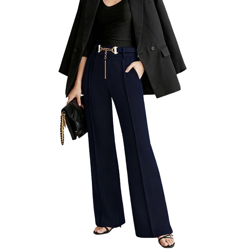 Women's High Waisted Wide Leg Dressy Pants for Work Chain Tassel Decor Formal Business Casual Trousers Navy BLue S