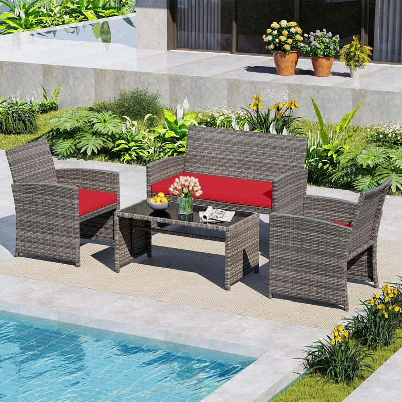 Costway 4 PCS Patio Conversation Set with Seat Cushions & Tempered Glass Tabletop, Outdoor Red + Gray