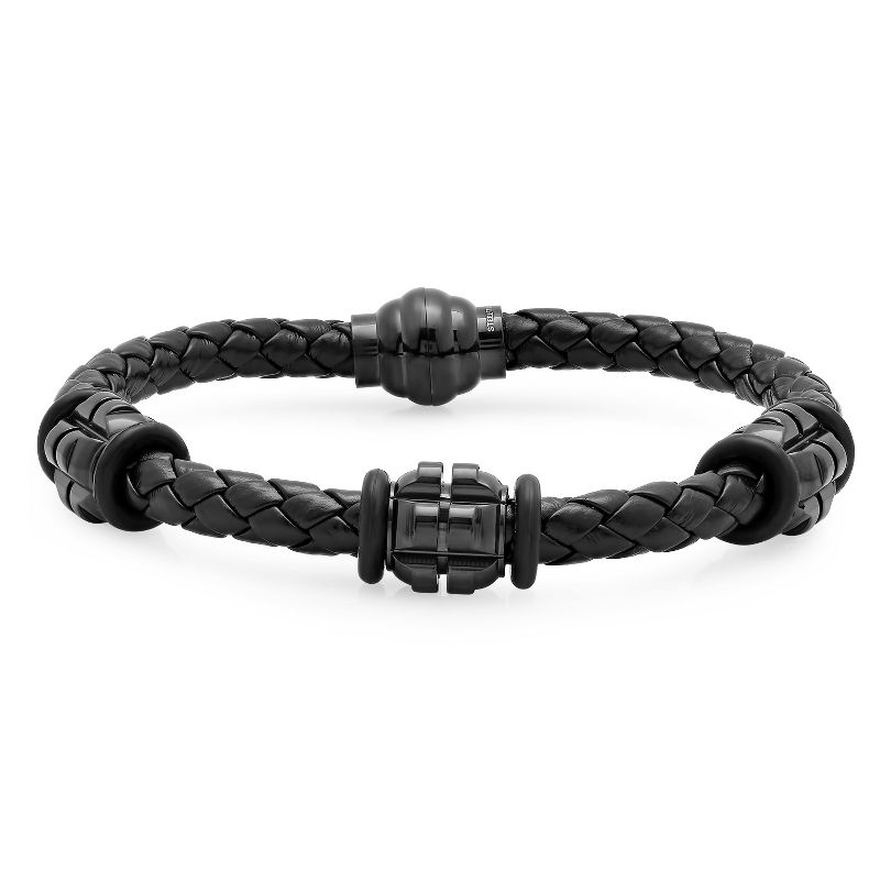 Steeltime Men's genuine black leather braided bracelet with black ip stainless steel accent