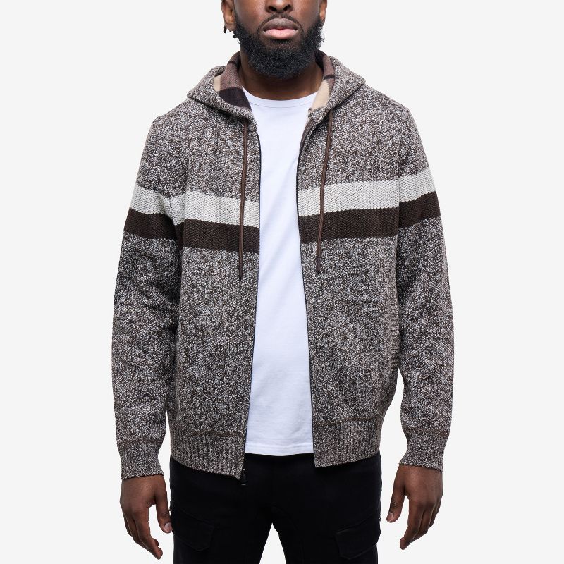 CULTURA Mens' Full Zip Hooded Striped Cardigan Sweater With Faux Shearling Lining in DUSTY CHOCOLATE/OATMEAL Size S