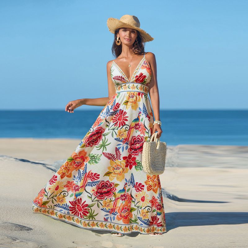 Women's Vibrant Floral Print Maxi Dress for Beach Getaways -Cupshe-L-Multicolored