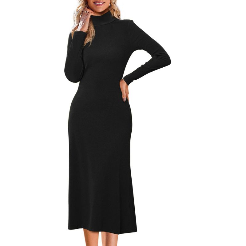 INSPIRE CHIC Women's Turtleneck Casual Basic Long Sleeve Stretch Flowy Ribbed Knit Sweater Midi Dress Black Medium