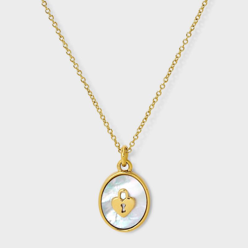 Tiny Tags 14K Gold Ion Plated with Mother of Pearl Inlay Lock Pendant Necklace - Gold