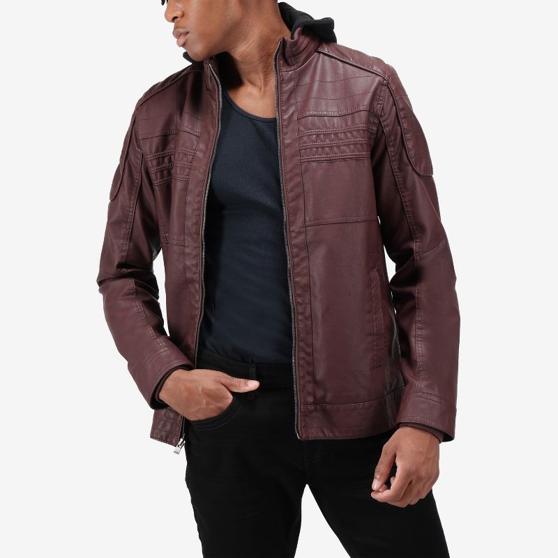 X RAY Mens Motorcycle PU Leather Jacket With Faux Shearing Lining in BURGUNDY Size X Large