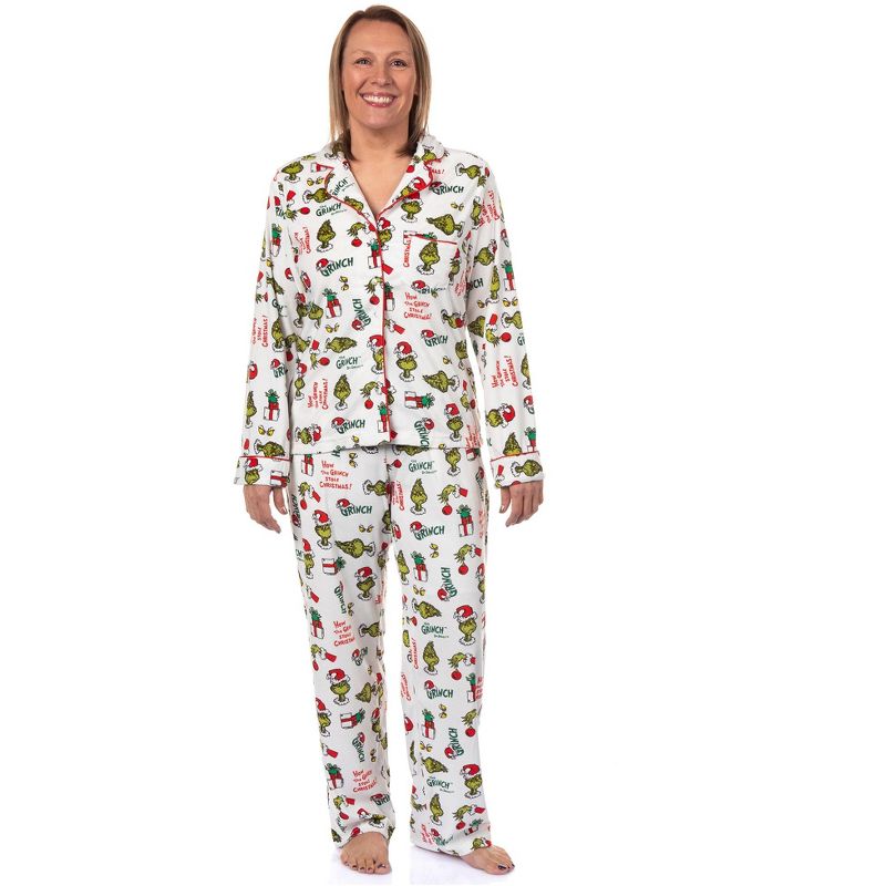 Dr. Seuss The Grinch Pajamas Women's Velveteen Notch Collar Adult 2 Piece Sleep Set (Medium) White
