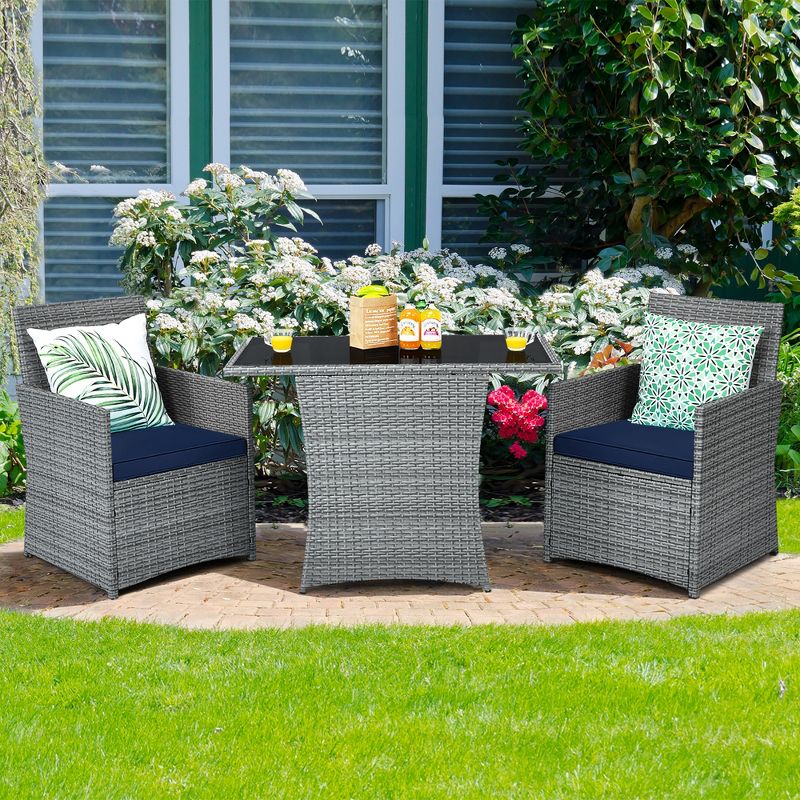 Costway 3PCS Patio Rattan Furniture Set Cushioned Sofa Armrest Garden Navy