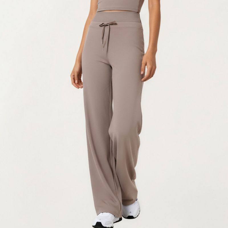 Anna-Kaci Active Women's High Waist Wide Leg Pants with Drawstring Tie and Soft Stretch Fabric - Large, Khaki
